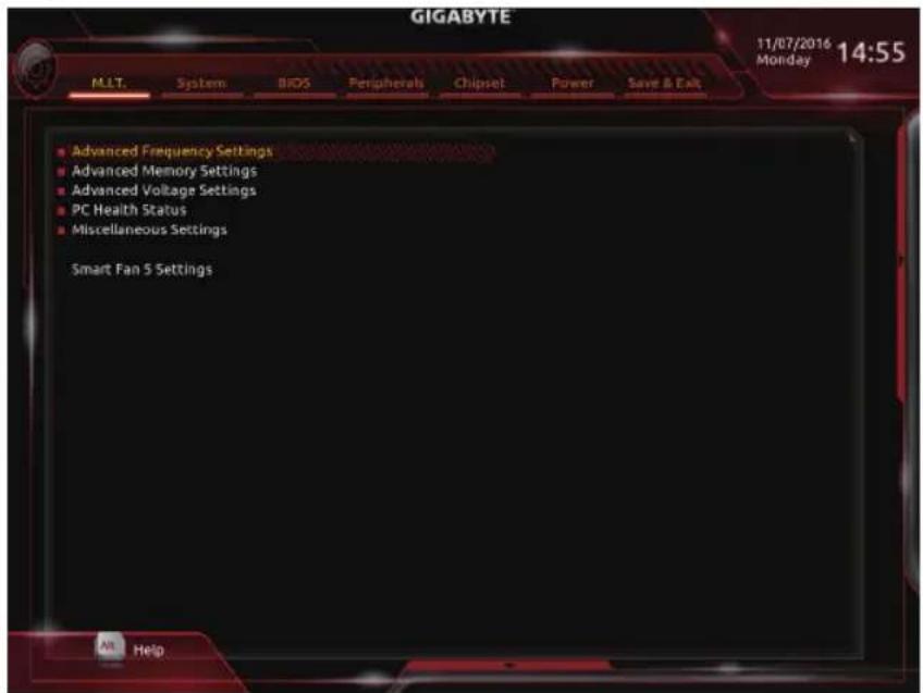 GIGABYTE 11/07/2016 Monday 14:55 MLT. System BIOS Peripherals Chipset Power Save & Exit ■ Advanced Frequency Settings ■ Advanced Memory Settings ■ Advanced Voltage Settings ■ PC Health Status ■ Miscellaneous Settings Smart Fan 5 Settings AM Help