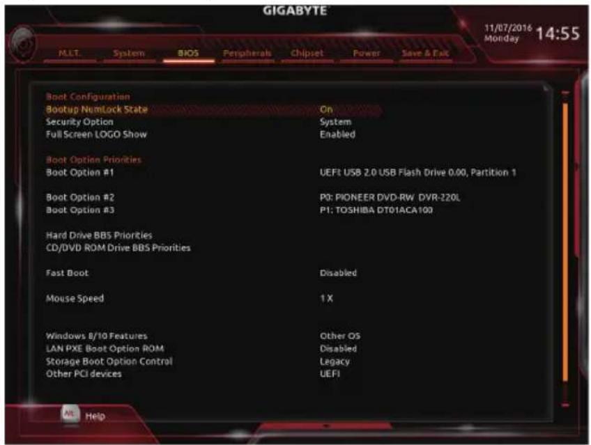 GIGABYTE 11/07/2016 Monday 14:55 MLT. System BIOS Peripherals Chipset Power Save & FAC Boot Configuration Backup NumLock State On Security Option System Full Screen LOGO Show Enabled Boot Option Priorities Boot Option #1 UEFI USB 2.0 USB Flash Drive 0.00, Partition 1 Boot Option #2 P0: PIONEER DVD-RW DVR-220L Boot Option #3 P1: TOSHIBA DT01ACA100 Hard Drive BBS Priorities CD/DVD ROM Drive BBS Priorities Fast Boot Disabled Mouse Speed 1 X Windows 8/10 Features Other OS LAN PXE Boot Option ROM Disabled Storage Boot Option Control Legacy Other PCI devices UEFI All Help