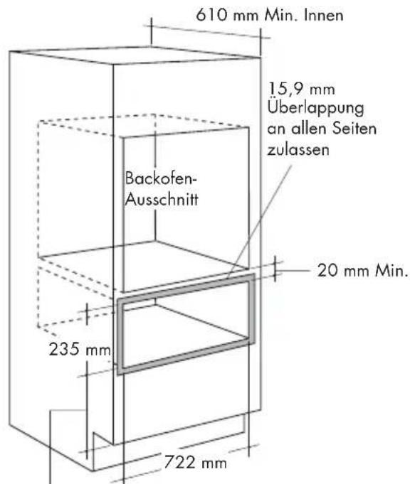 610 mm Min. Innen 15,9 mm Überlappung an allen Seiten zulassen Backofen- Ausschnitt 20 mm Min. 235 mm 722 mm