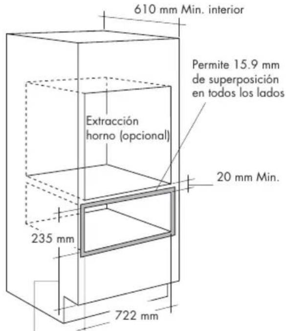 610 mm Min. interior Permite 15.9 mm de superposición en todos los lados Extracción horno (opcional) 20 mm Min. 235 mm 722 mm