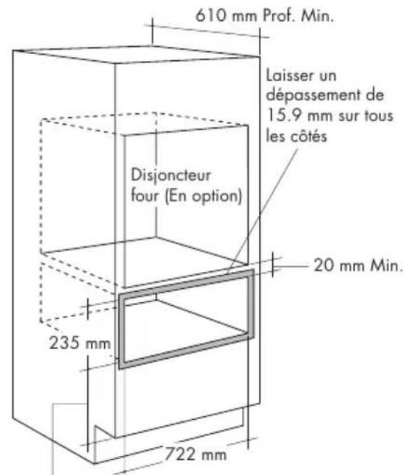 610 mm Prof. Min. Laisser un dépassement de 15.9 mm sur tous les côtés Disjoncteur four (En option) 235 mm 722 mm 20 mm Min.