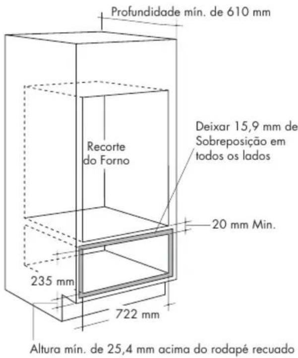 Profundidade mín. de 610 mm Recorte do Forno Deixar 15,9 mm de Sobreposição em todos os lados 20 mm Min. 235 mm 722 mm Altura mín. de 25,4 mm acima do rodapé recuado