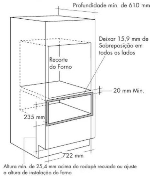 Profundidade mín. de 610 mm Deixar 15,9 mm de Sobreposição em todos os lados 20 mm Min. Recorte do Forno 235 mm 722 mm Altura mín. de 25,4 mm acima do rodapé recuado ou ajuste a altura de instalação do forno