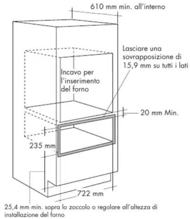 610 mm min. all'interno Lasciare una sovrapposizione di 15,9 mm su tutti i lati Incavo per l'inserimento del forno 20 mm Min. 235 mm 722 mm 25,4 mm min. sopra lo zoccolo o regolare all'altezza di installazione del forno