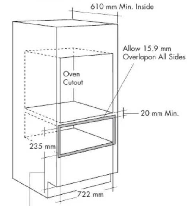 610 mm Min. Inside Allow 15.9 mm Overlapon All Sides Oven Cutout 20 mm Min. 235 mm 722 mm