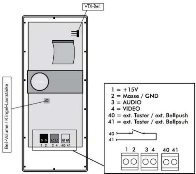 VTX-Bell Bell-Volume / Klingel-Lautstärke 1 = +15V 2 = Masse / GND 3 = AUDIO 4 = VIDEO 40 = ext. Taster / ext. Bellpush 41 = ext. Taster / ext. Bellpsuh 40 41 1 2 3 4 40 41