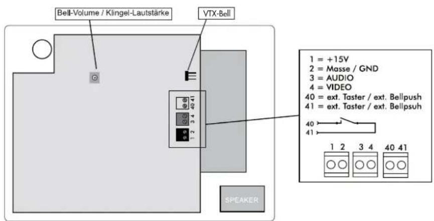 Bell-Volume / Klingel-Lautstärke VTX-Bell 1 = +15V 2 = Masse / GND 3 = AUDIO 4 = VIDEO 40 = ext. Taster / ext. Bellpush 41 = ext. Taster / ext. Bellpsuh 40 41 1 2 3 4 40 41 SPEAKER