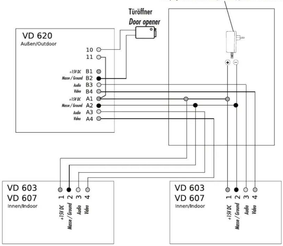 VD 620 Außen/Outdoor +15V DC B1 Masse / Ground B2 Audio B3 Video B4 +15V DC A1 Masse / Ground A2 Audio A3 Video A4 Türoffner Door opener VD 603 VD 607 Innen/Indoor +15V DC 1 2 3 4 Masse / Ground Audio Video VD 603 VD 607 Innen/Indoor +15V DC 1 2 3 4