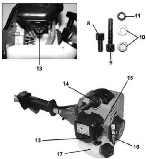 Technical diagram of a mechanical assembly with numbered parts, including engine, bolts, and motor components.
