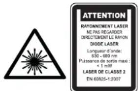 ATTENTION RAYONNEMENT LASER NE PAS REGARDER DRECTIONE LE RAYON DIODE LASER Longueur d'onde: 650 - 680 nm Puissance de sorte mais : +1 mV LASER DE CLASSE 2 EN 60825-1:2097