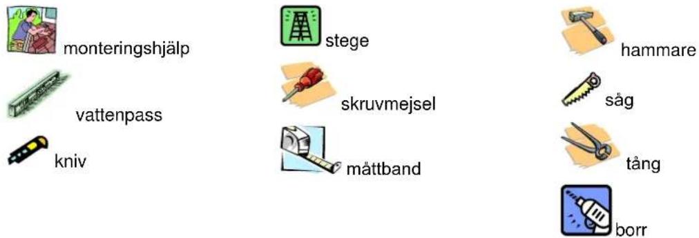 monteringshjälp vattenpass kniv stege skruvmejsel mättband hammare såg tång borr