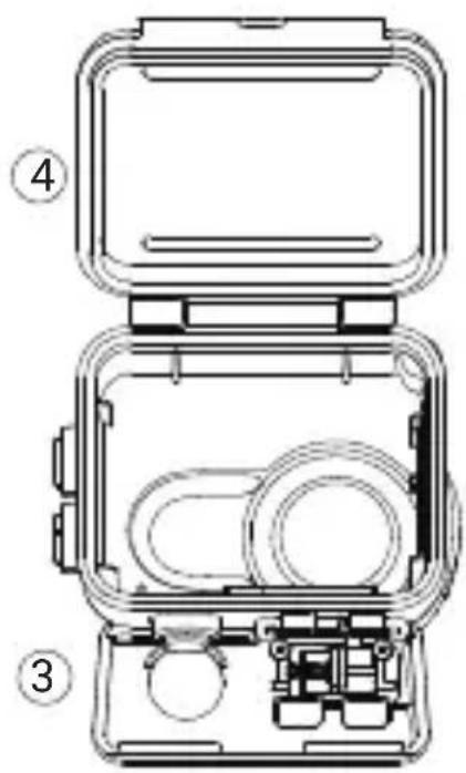 Technical diagram of a device casing with labeled parts 3 and 4, showing internal components and housing structure.