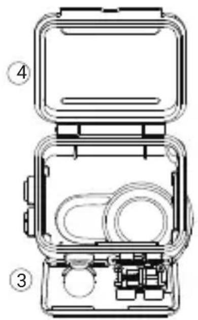 Technical diagram of a device with labeled parts, showing open and closed casing views