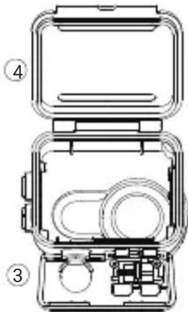 Technical diagram of a device with labeled parts, showing open and closed compartments with internal components.