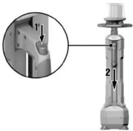 Technical diagram of a mechanical device with labeled parts and an inset showing a close-up view of a component detail.