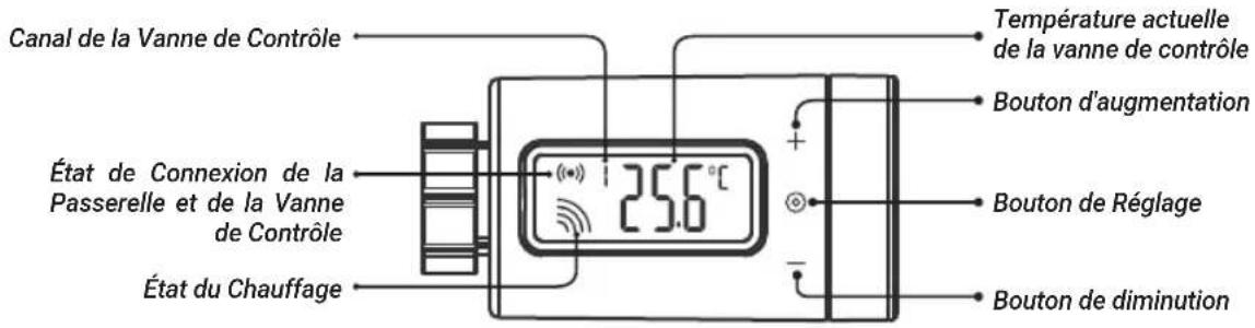 Canal de la Vanne de Contrôle État de Connexion de la Passerelle et de la Vanne de Contrôle État du Chauffage Température actuelle de la vanne de contrôle Bouton d'augmentation 25.6°C Bouton de Réglage Bouton de diminution