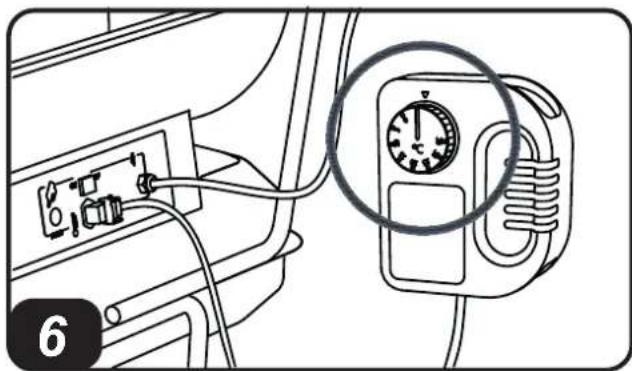 Diagram showing electrical connections with a magnified view of a transformer or motor terminal, labeled with number 6.