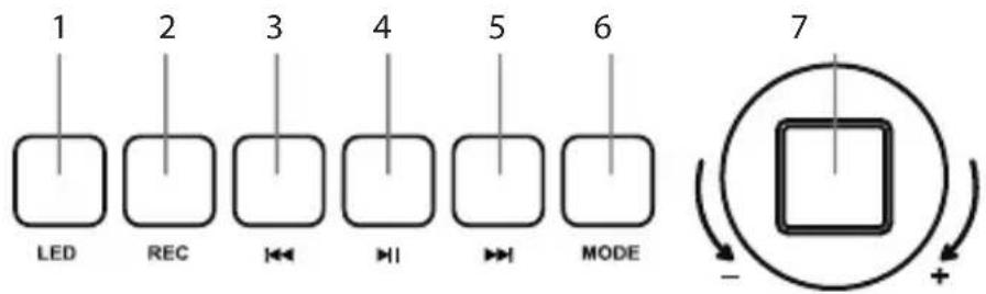 1 LED 2 REC 3 ↔ 4 ↔ 5 ↔ 6 MODE 7 - +