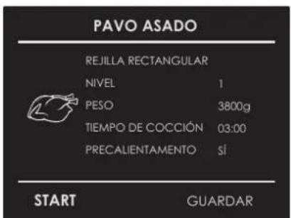 PAVO ASADO REJILLA RECTANGULAR NIVEL 1 PESO 3800g TIEMPO DE COCCIÓN 03:00 PRECALIENTAMENTO SÍ START GUARDAR