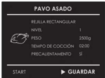 PAVO ASADO REJILLA RECTANGULAR NIVEL 1 PESO 2500g TIEMPO DE COCCIÓN 02:00 PRECALIENTAMENTO SÍ START ▶ GUARDAR