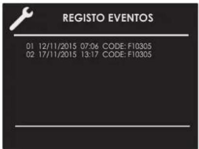 REGISTO EVENTOS 01 12/11/2015 07:06 CODE: F10305 02 17/11/2015 13:17 CODE: F10305