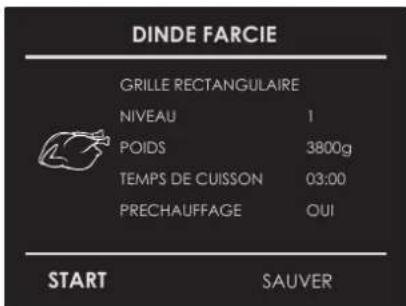 DINDE FARCIE GRILLE RECTANGULAIRE NIVEAU 1 POIDS 3800g TEMPS DE CUISSON 03:00 PRECHAUFFAGE OUI START SAUVER