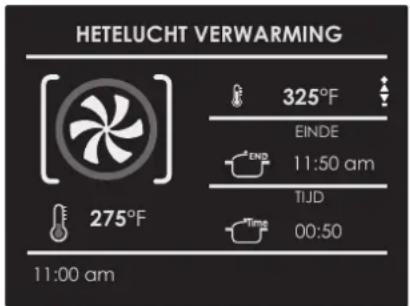 HETELUCHT VERWARMING 325°F EINDE 11:50 am TIJD 00:50 275°F 11:00 am