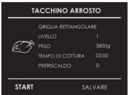 TACCHINO ARROSTO GRIGLIA RETTANGOLARE LIVELLO 1 PESO 3800g TEMPO DI COTTURA 03:00 PRERISCALDO SI START SALVARE
