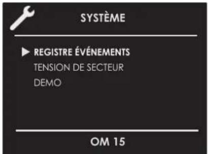 SYSTÈME ▶ REGISTRE ÉVÉNEMENTS TENSION DE SECTEUR DEMO OM 15