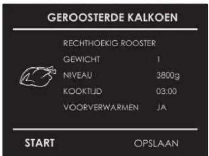GEROOSTERDE KALKOEN RECHTHOEKIG ROOSTER GEWICHT 1 NIVEAU 3800g KOOKTIJD 03:00 VOORVERWARMEN JA START OPSLAAN