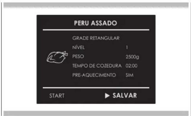 PERU ASSADO GRADE RETANGULAR NÍVEL 1 PESO 2500g TEMPO DE COZEDURA 02:00 PRE-AQUECIMENTO SIM START ▶ SALVAR