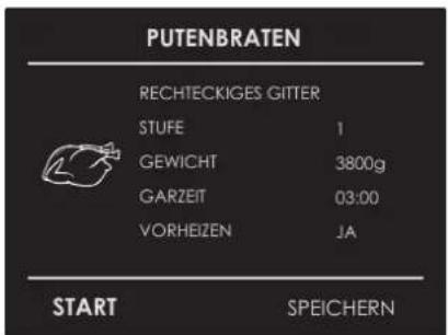 PUTENBRATEN RECHTECKIGES GITTER STUFE 1 GEWICHT 3800g GARZEIT 03:00 VORHEIZEN JA START SPEICHERN