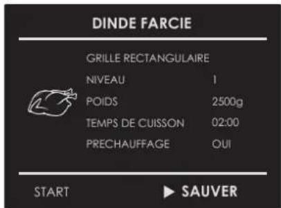DINDE FARCIE GRILLE RECTANGULAIRE NIVEAU 1 POIDS 2500g TEMPS DE CUISSON 02:00 PRECHAUFFAGE OUI START ▶ SAUVER