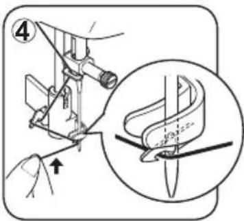 Technical diagram showing sewing process with magnified detail of thread detail and labeled component (4)