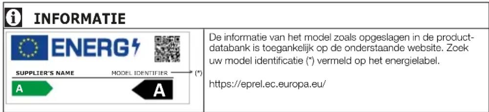 i INFORMATIE ENERG SUPPLIER'S NAME MODEL IDENTIFIER (*) De informatie van het model zoals opgeslagen in de product- databank is toegankelijk op de onderstaande website. Zoek uw model identificatie (*) vermeld op het energielabel. https://eprel.ec.europa.eu/