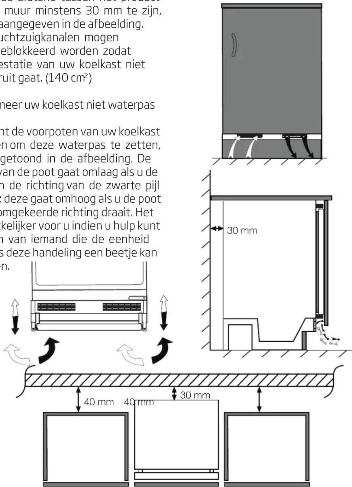 muur minstens 30 mm te zijn, angegeven in de afbeelding. uchtzuigkanalen mogen eblokkeerd worden zodat estatie van uw koelkast niet ruit gaat. (140 cm²) neer uw koelkast niet waterpas nt de voorpoten van uw koelkast n om deze waterpas te zetten, getoond in de afbeelding. De van de poot gaat omlaag als u de n de richting van de zwarte pijl deze gaat omhoog als u de poot omgekeerde richting draait. Het kelijker voor u indien u hulp kunt n van iemand die de eenheid s deze handeling een beetje kan n. 40 mm 40 mm 30 mm