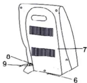 Technical diagram of a device casing with numbered parts labeled 6, 7, 8, and 9