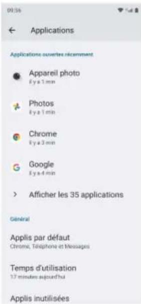 Applications Applications ouvertes récemment Appareil photo Éy a 1 min Photos Éy a 1 min Chrome Éy a 3 min Google Éy a 4 min > Afficher les 35 applications Général Applis par défaut Chrome, Téléphone et Messages Temps d'utilisation 17 minutes aujourd'hui Applis inutilisées