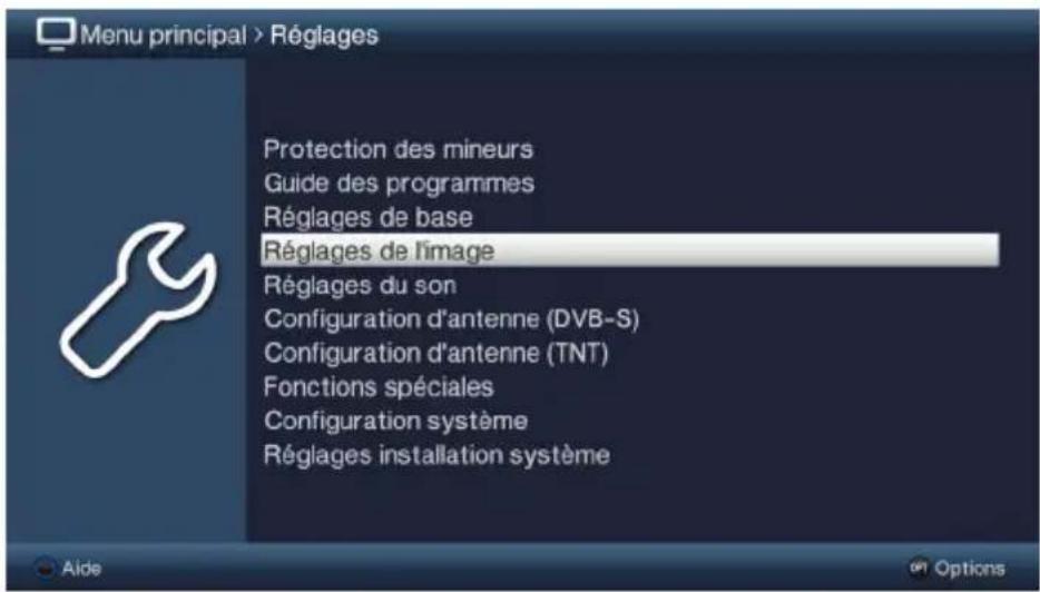 Menu principal > Réglages Protection des mineurs Guide des programmes Réglages de base Réglages de l'image Réglages du son Configuration d'antenne (DVB-S) Configuration d'antenne (TNT) Fonctions spéciales Configuration système Réglages installation système