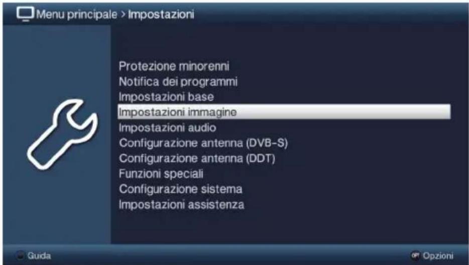 Menu principale > Impostazioni Protezione minorenni Notifica dei programmi Impostazioni base Impostazioni immagine Impostazioni audio Configurazione antenna (DVB-S) Configurazione antenna (DDT) Funzioni speciali Configurazione sistema Impostazioni assistenza Guida Opzioni