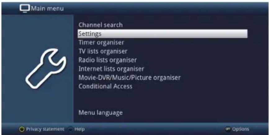 Main menu Channel search Settings Timer organiser TV lists organiser Radio lists organiser Internet lists organiser Movie-DVR/Music/Picture organiser Conditional Access Menu language Privacy statement Help Options
