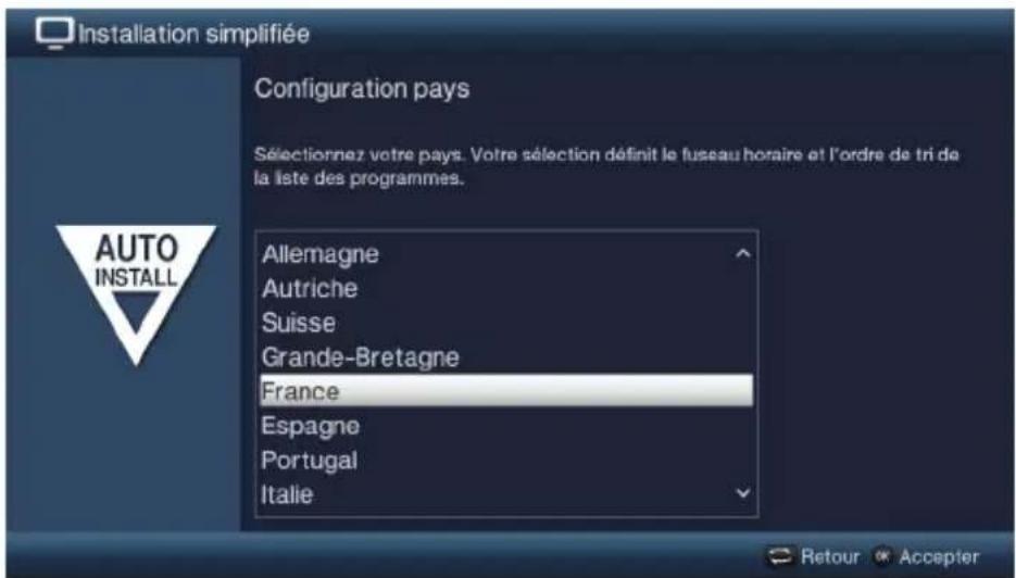 Installation simplifiée Configuration pays Sélectionnez votre pays. Votre sélection définit le fuseau horaire et l'ordre de tri de la liste des programmes. Allemagne Autriche Suisse Grande-Bretagne France Espagne Portugal Italie