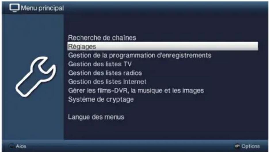 Menu principal Recherche de chaînes Réglages Gestion de la programmation d'enregistrements Gestion des listes TV Gestion des listes radios Gestion des listes Internet Gérer les films-DVR, la musique et les images Système de cryptage Langue des menus