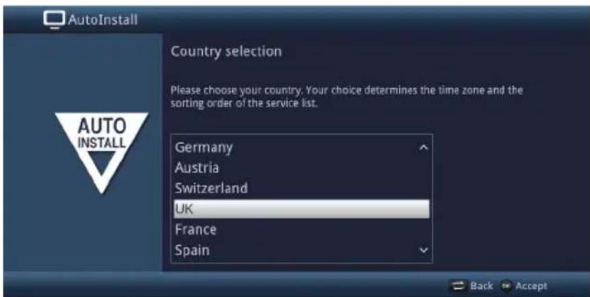 AutoInstall Country selection Please choose your country. Your choice determines the time zone and the sorting order of the service list. Germany Austria Switzerland UK France Spain Back Accept