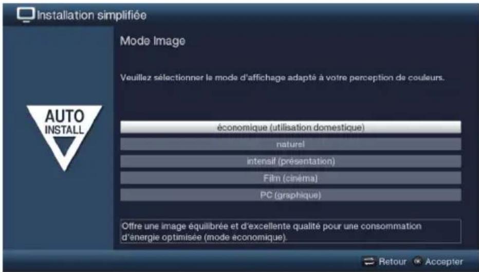 Installation simplifiée Mode Image Veuillez sélectionner le mode d'affichage adapté à votre perception de couleurs. économique (utilisation domestique) naturel intensif (présentation) Film (cinéma) PC (graphique) Offre une image équilibrée et d'excellente qualité pour une consommation d'énergie optimisée (mode économique).
