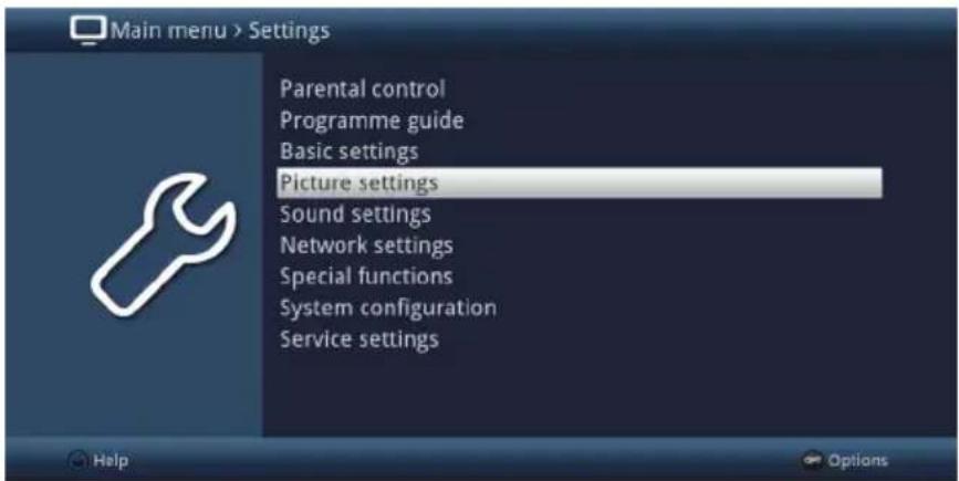 Main menu > Settings Parental control Programme guide Basic settings Picture settings Sound settings Network settings Special functions System configuration Service settings