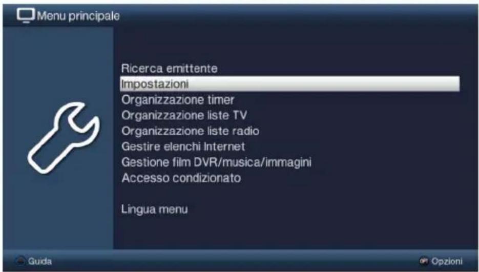 Menu principale Ricerca emittente Impostazioni Organizzazione timer Organizzazione liste TV Organizzazione liste radio Gestire elenchi Internet Gestione film DVR/musica/immagini Accesso condizionato Lingua menu Guida Opzioni