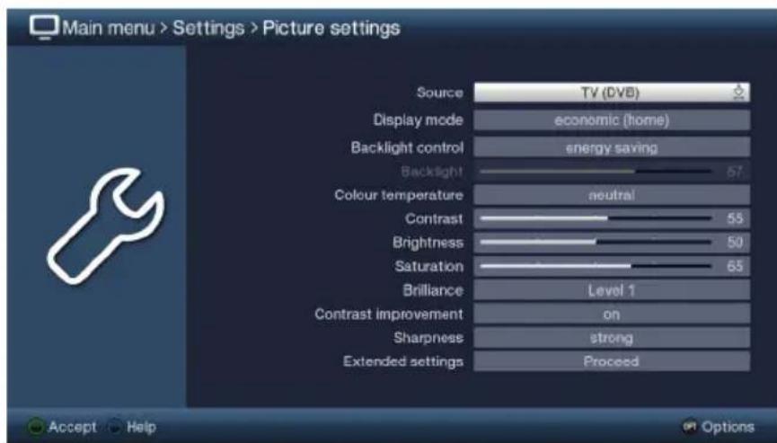 Main menu > Settings > Picture settings Source TV (DVB) Display mode economic (home) Backlight control energy saving Backlight 57 Colour temperature neutral Contrast 53 Brightness 50 Saturation 65 Brilliance Level 1 Contrast improvement on Sharpness strong Extended settings Proceed Accept Help Options