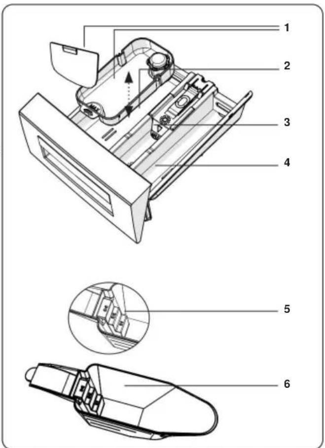 Technical diagram of a device's internal components with numbered parts and exploded views
