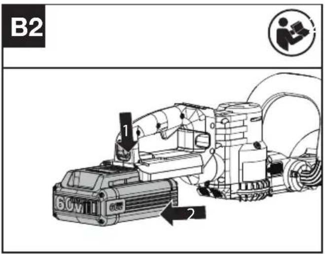 KRESS KC200.9 - Fjerning eller installering av batteripakke (Se figur. B1,B2) - 2